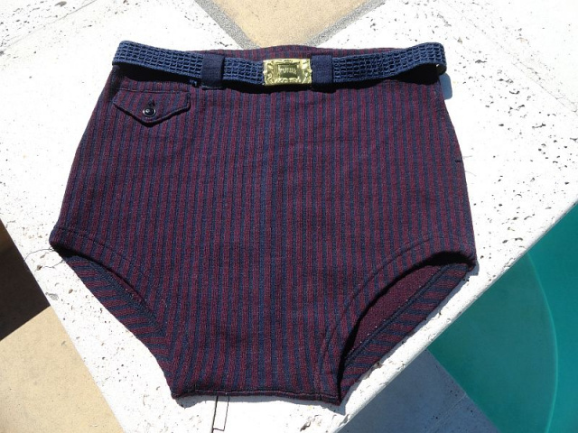 SOLD - Vintage early 40s McGregor Navy & Maroon Wool Swim Trunks with Belt sz 42